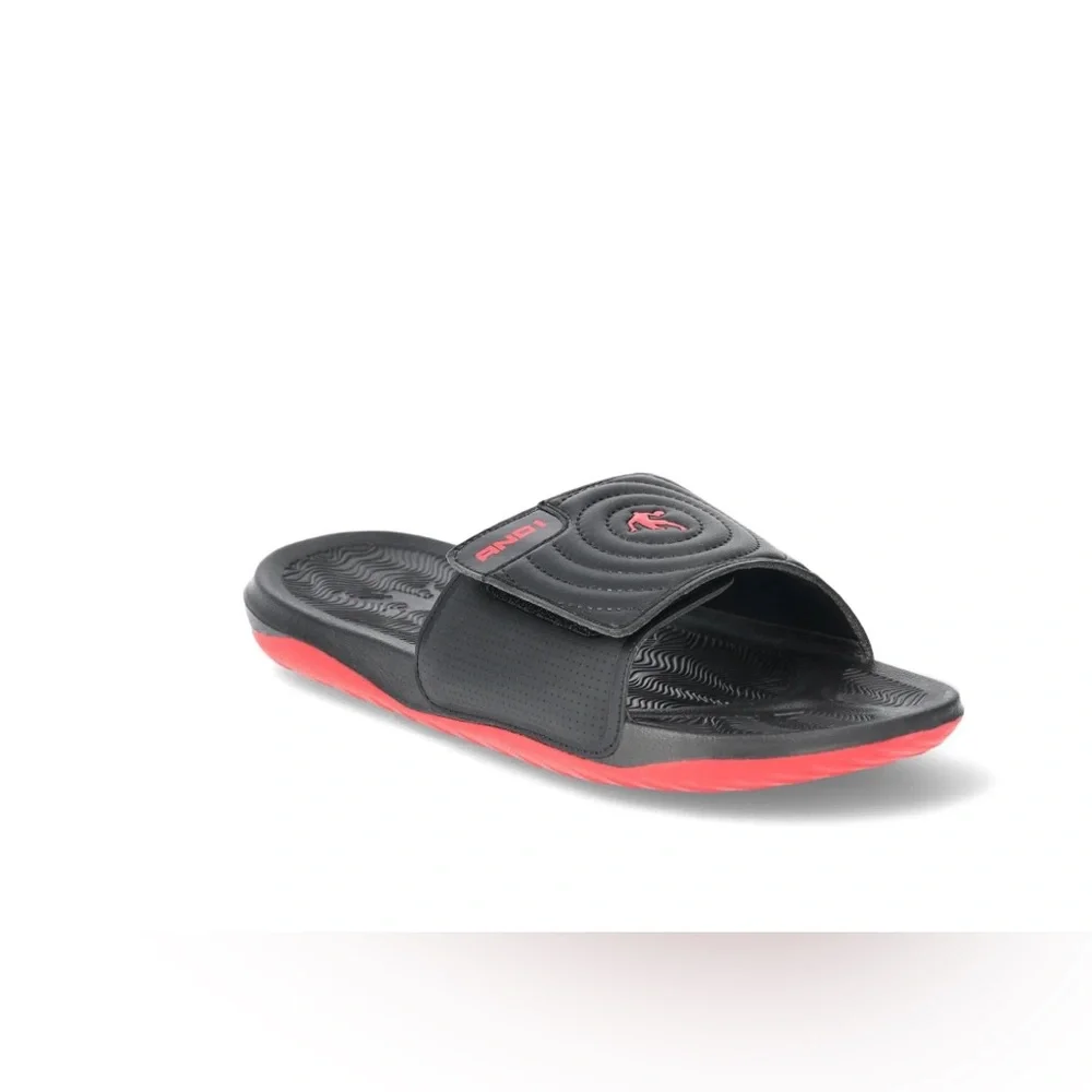 AND1 Athletic Adjustable Swirl Sandals Men’s Size 7 Black Red Comfort Slides NWT